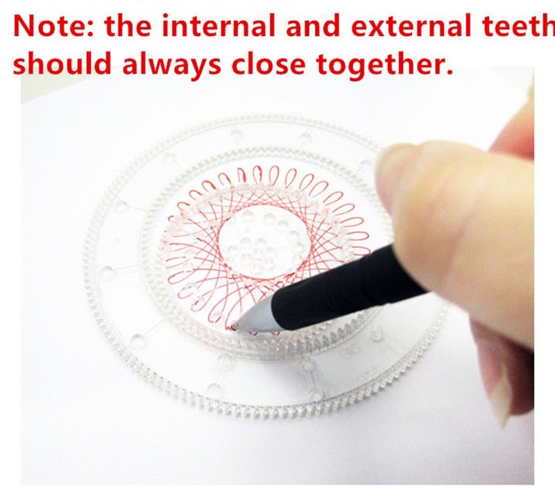 Hand drawing with the Spirograph geometry toy showing internal and external teeth for guided pattern making.