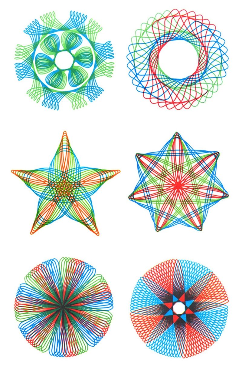 Star patterns created with the STEM Spirograph drawing toy for exploring maths and art through play.