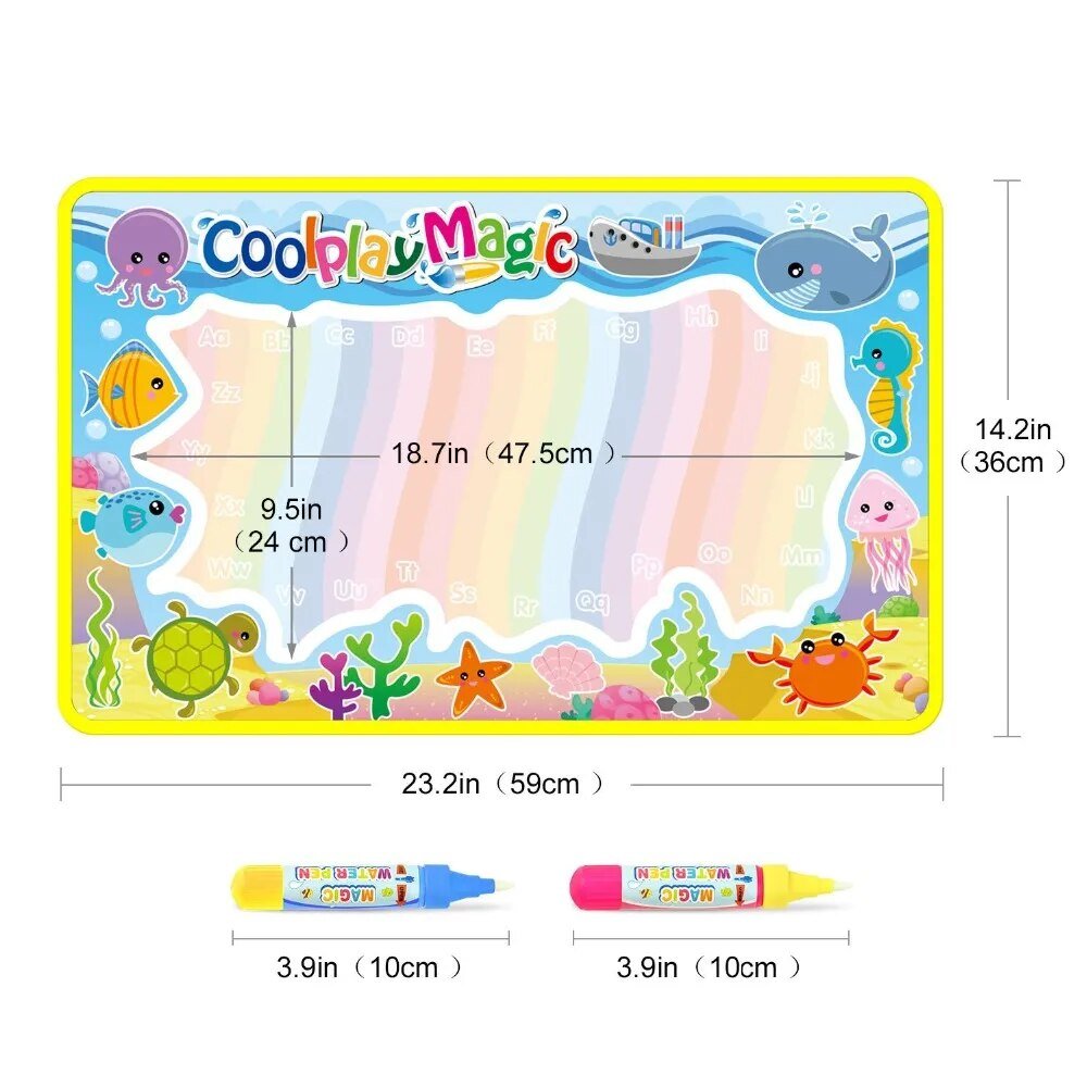 Coolplay Magic drawing mat with ocean-themed border and markers, showing dimensions.