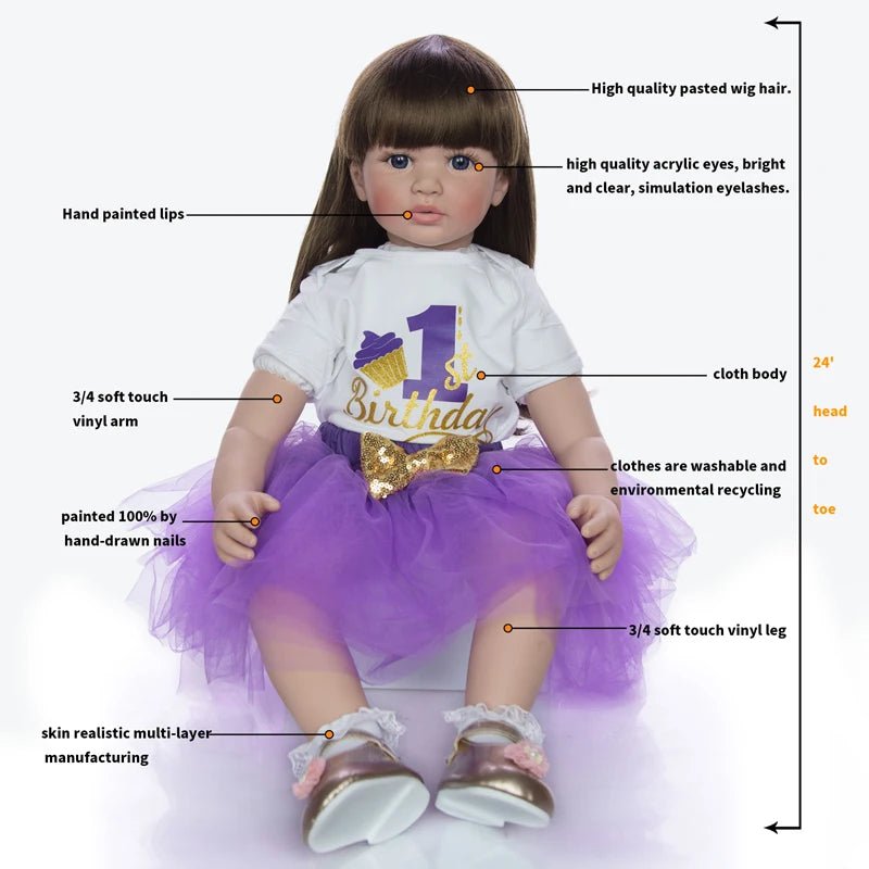 Feature guide for the princess style reborn toddler doll in a first birthday outfit, made for cuddling and gifting.