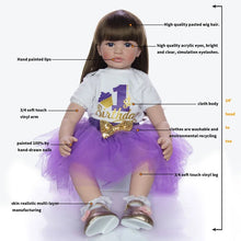 Feature guide for the princess style reborn toddler doll in a first birthday outfit, made for cuddling and gifting.