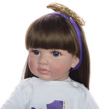 Handmade reborn toddler princess doll with long hair and purple headband for hair styling and dress-up play.