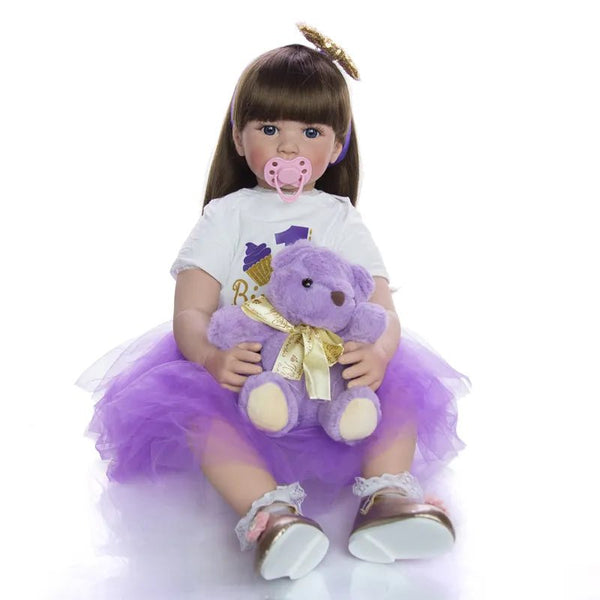 24-inch reborn toddler princess doll in a purple outfit with teddy bear for nurturing play and collecting.