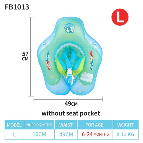 Swim baby life jacket with measurements and specifications on a white background