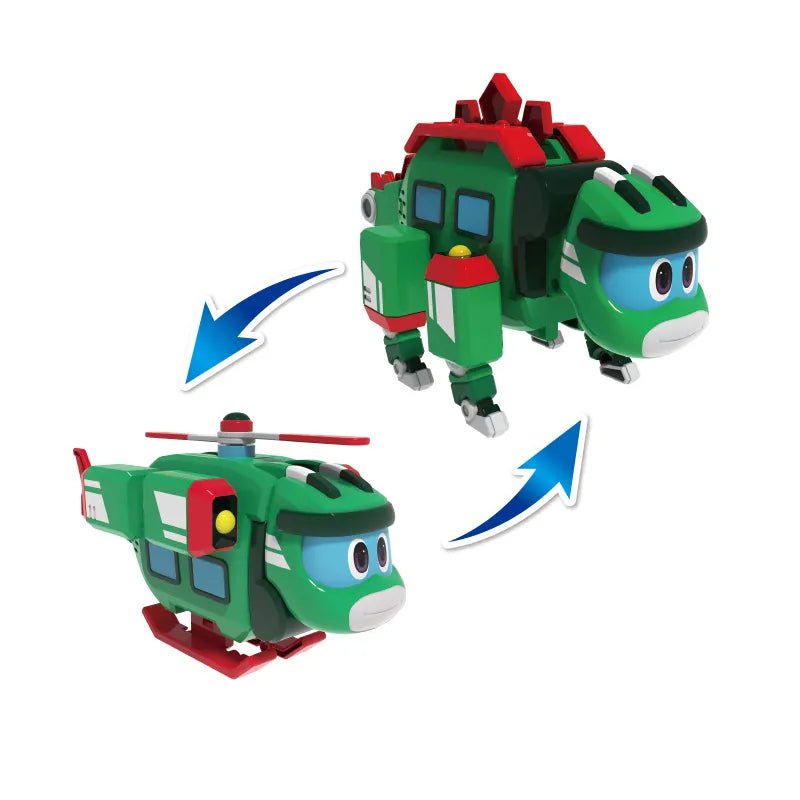 Transforming toy figure of a green dinosaur-like robot with red and black accents, transforming into a green helicopter.