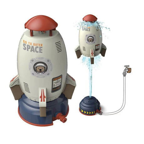 Toy rocket with a smaller rocket attached, featuring text and graphics on a white background.