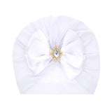 Shiny Rhinestone Bowknot Baby Turban - Soft Cotton Cap - White image