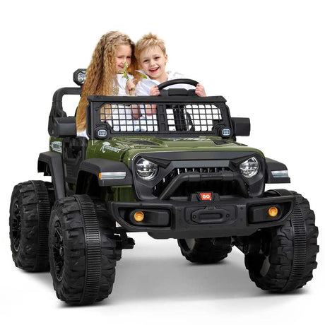 Children playing with a green toy jeep 