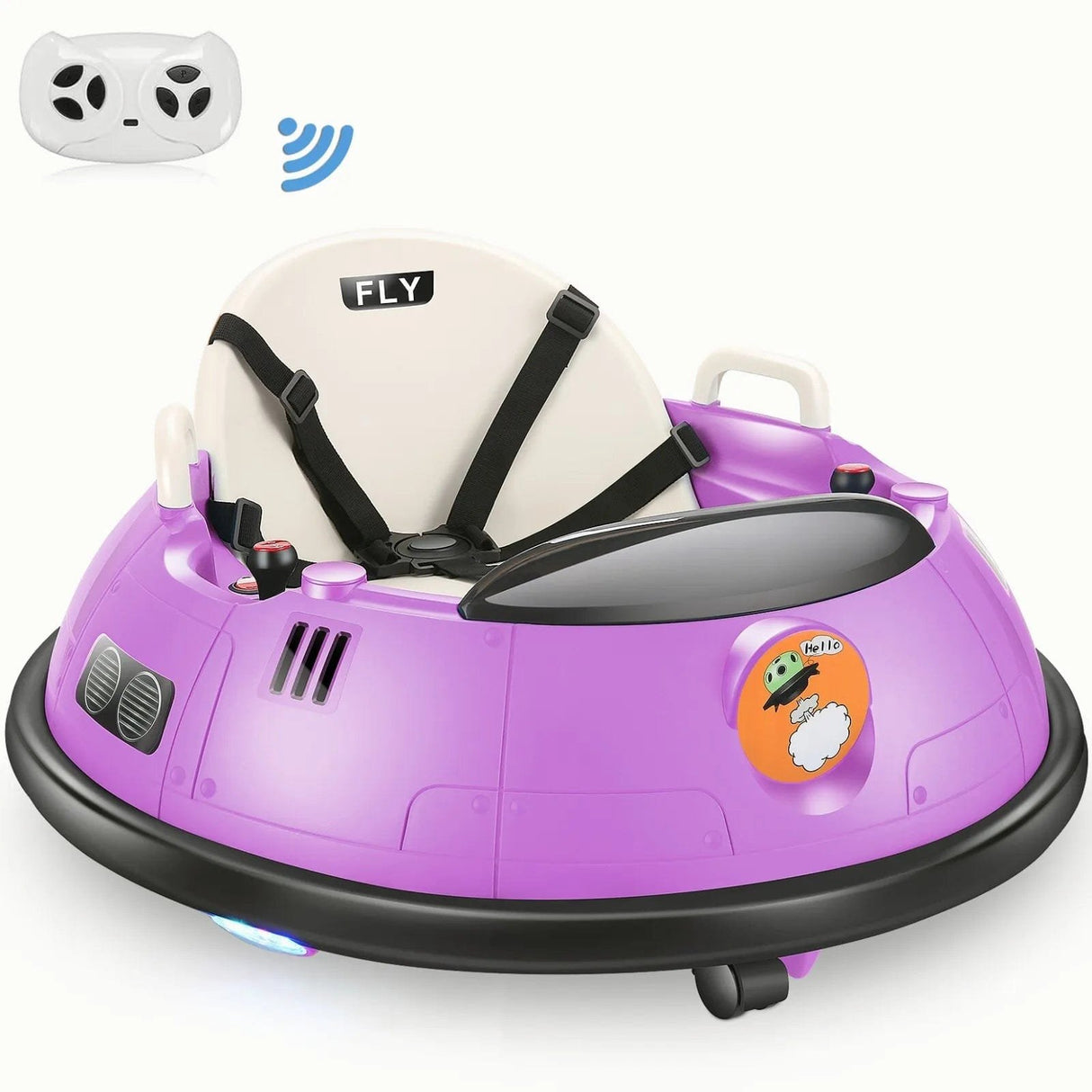 Children's bumper car with safety harness, colorful options