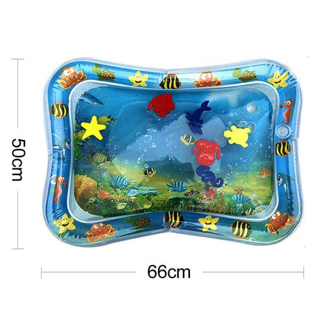 Inflatable water mat with underwater scene and toys, showing dimensions.