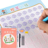 Writing practice sheet with spiral patterns, pen, and notebook on a blue background