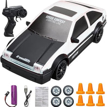 2.4G 4WD RC Drift Car with swappable drift tyres and cone markers for building a home racing track for children.