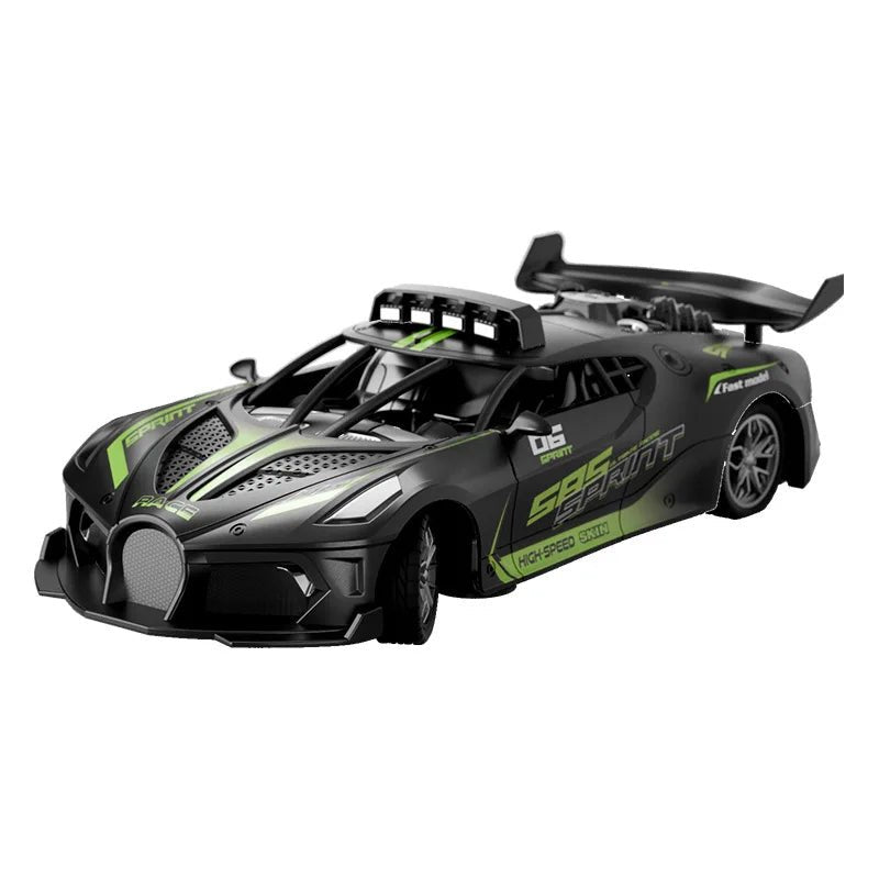 Black and green 2.4G Drift RC Racing Car performing a sharp drift turn for stunt racing practice and backyard play.