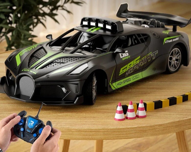 2.4G High-Speed Drift RC Racing Car with low-profile body and 2.4G remote for indoor track racing and kids playtime.