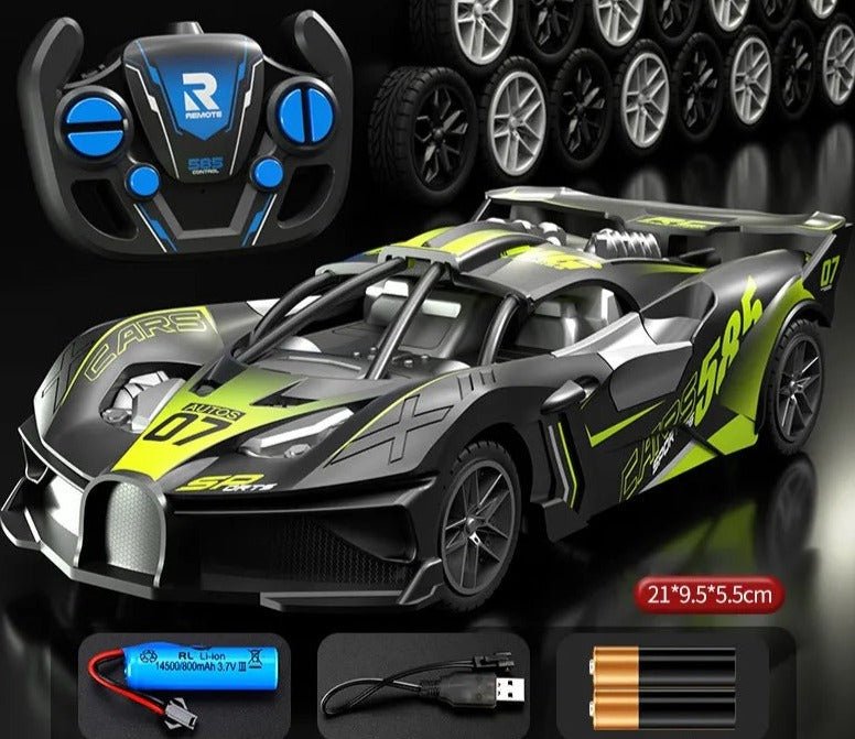 2.4G Drift RC Racing Car with performance drift tyres and USB charging cable for smooth sliding on indoor floors.