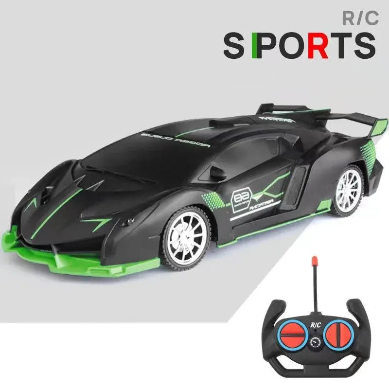 Black and green High-Speed RC Sports Car with bright LED headlamps for low-light racing and kids play.