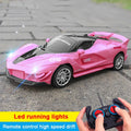 Pink 2.4G High-Speed RC Car with LED lights and remote control for kids stunt drift racing indoors.