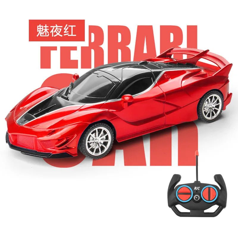 Red High-Speed RC Car with front LED headlights and remote for evening driving fun and stunt racing.