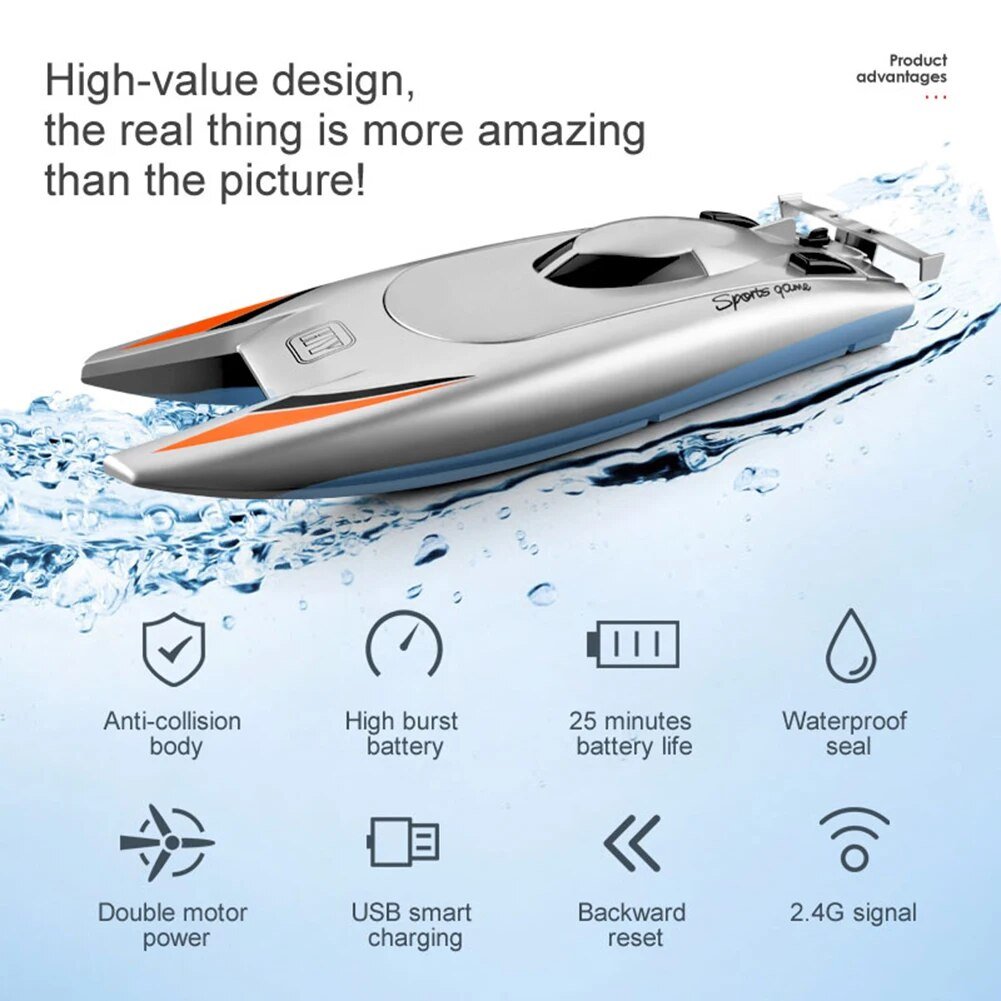 Mini High-Speed RC Racing Boat feature list covering speed, battery and control for pool play.