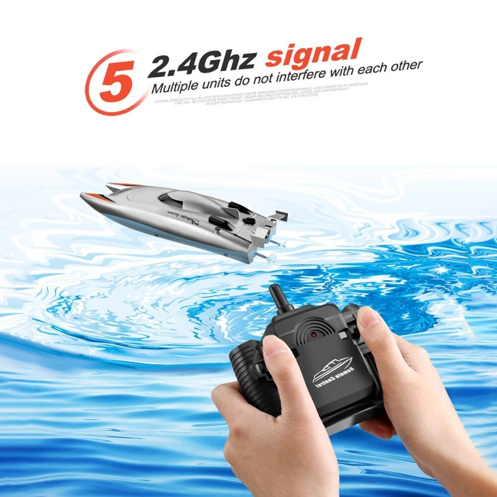 RC Racing Boat with 2.4GHz transmitter for long-range control during lake and pool racing sessions.