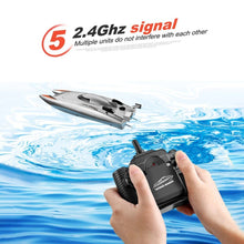 RC Racing Boat with 2.4GHz transmitter for long-range control during lake and pool racing sessions.