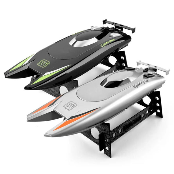2.4G High-Speed RC Racing Boat pair on display stands for pool and lake racing fun with friends.