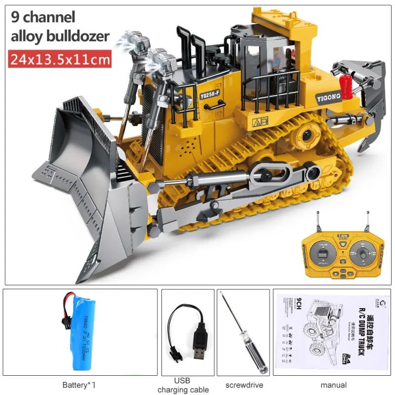 Nine-channel alloy RC bulldozer playset with remote, battery, charging cable and screwdriver for sandpit play.