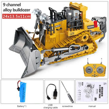 Nine-channel alloy RC bulldozer playset with remote, battery, charging cable and screwdriver for sandpit play.