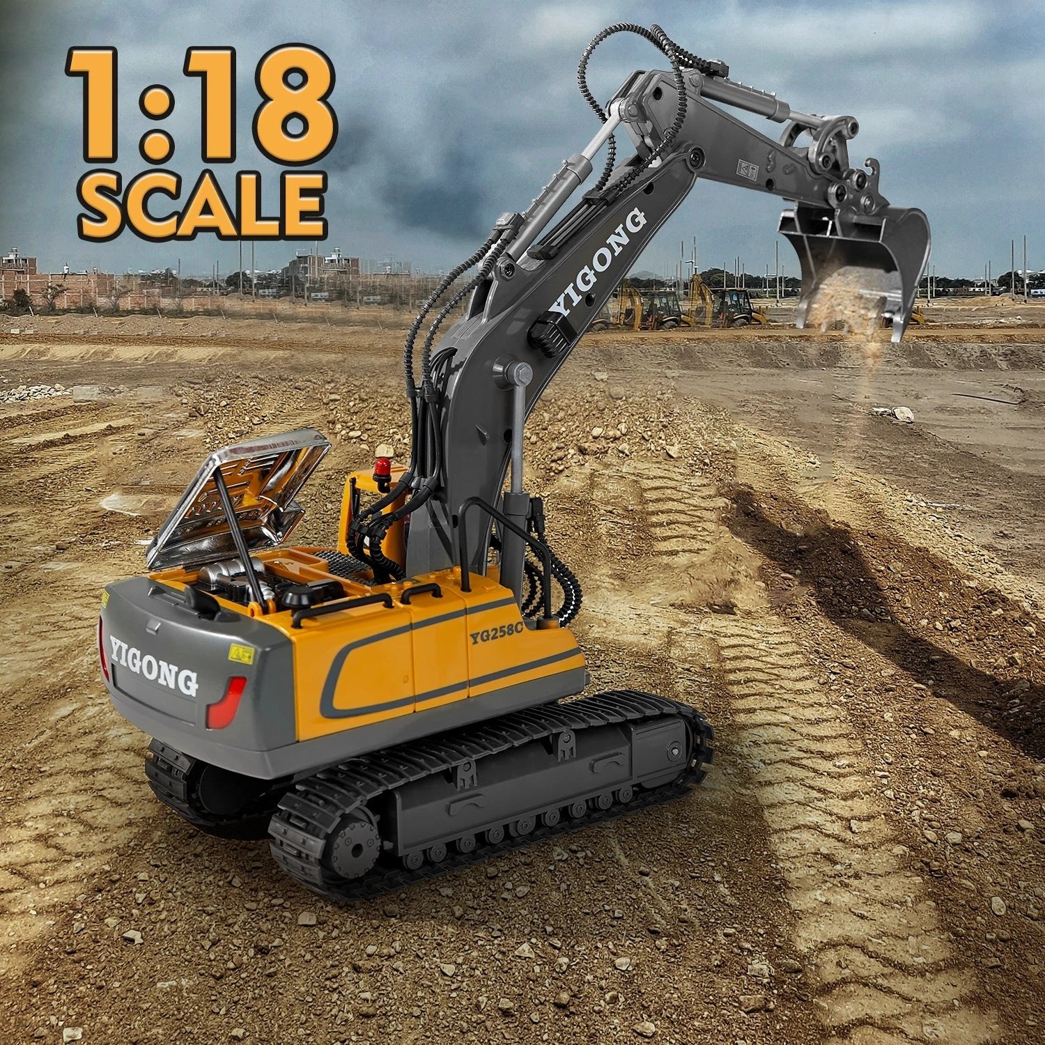 1:18 scale RC excavator working a construction site scene for imaginative building and digging play.