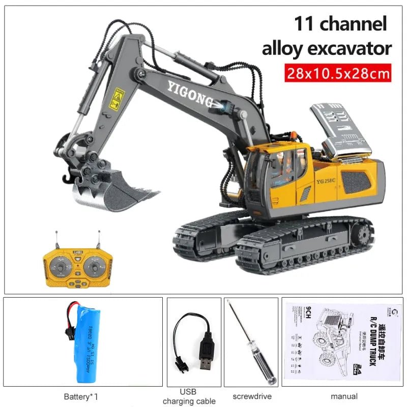 Kids RC excavator and dump truck 2.4G set in alloy for sandpit digging and construction role play.
