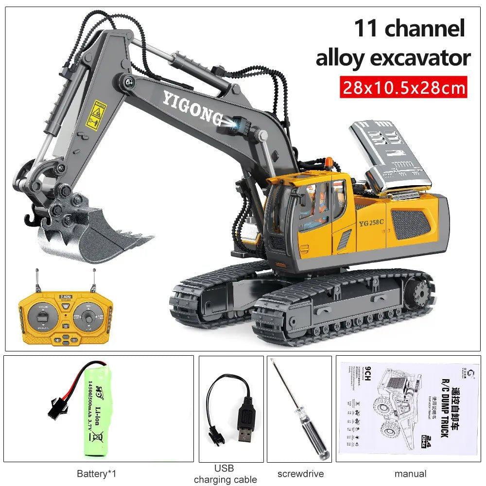 Heavy-duty eleven-channel alloy RC excavator construction machine with full accessory set for detailed play.