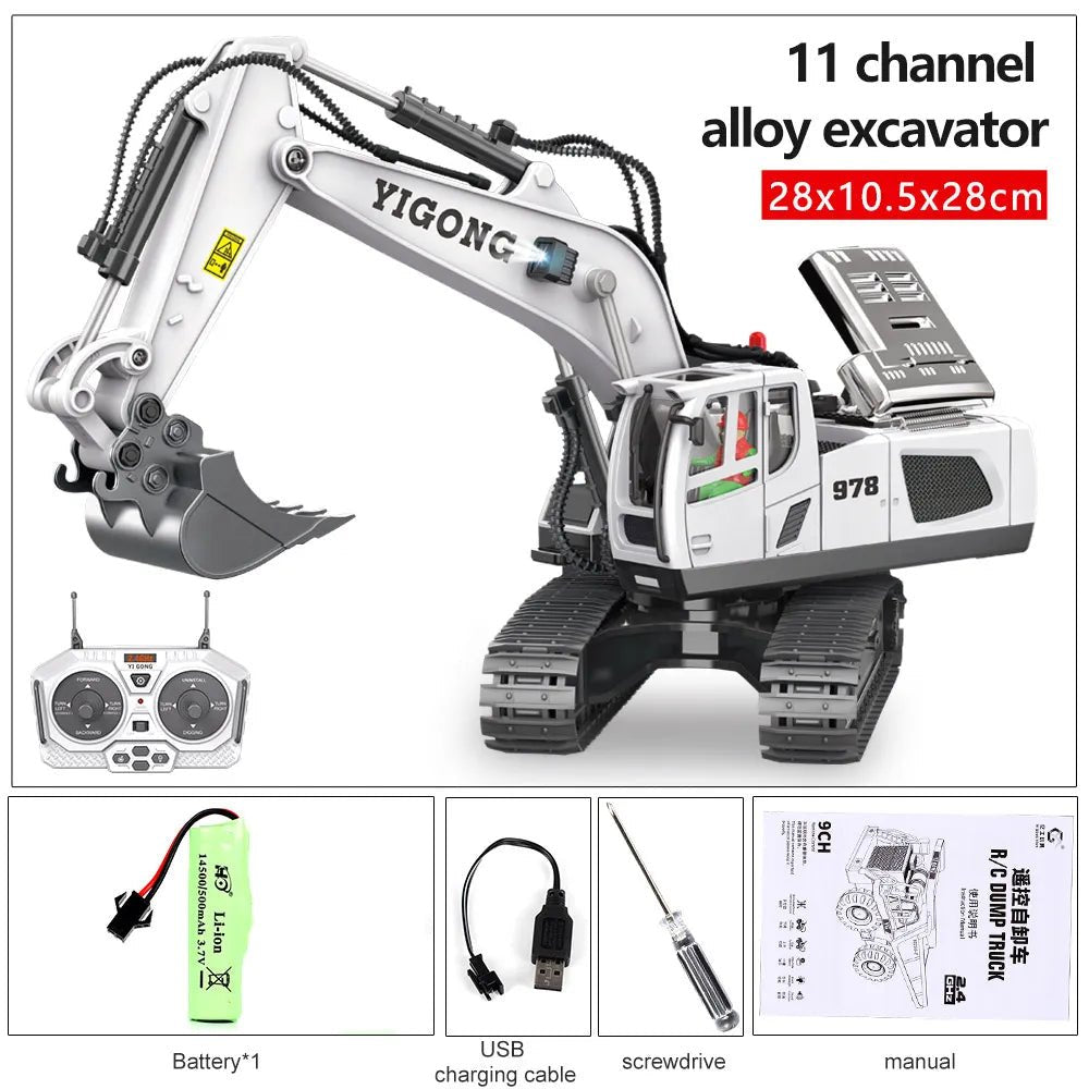 Alloy RC digger truck style construction model for durable everyday play and collecting.