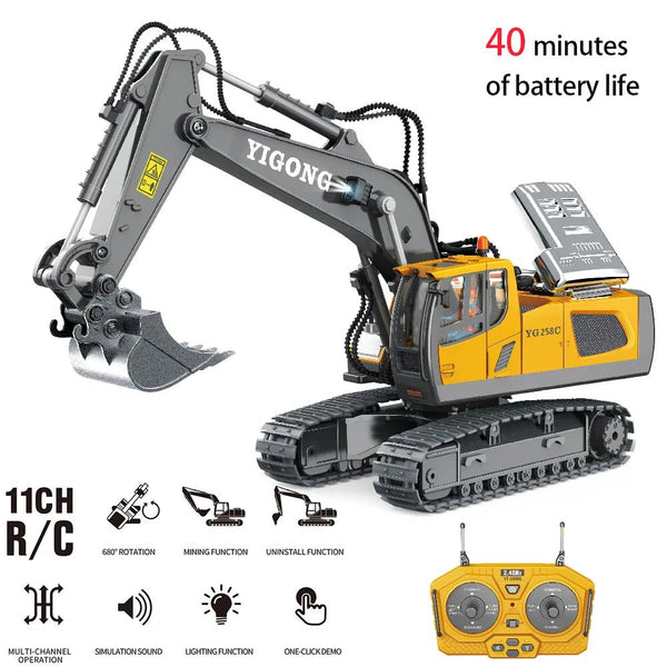 2.4G RC excavator model with remote control for construction vehicle pretend play and kids gifting.