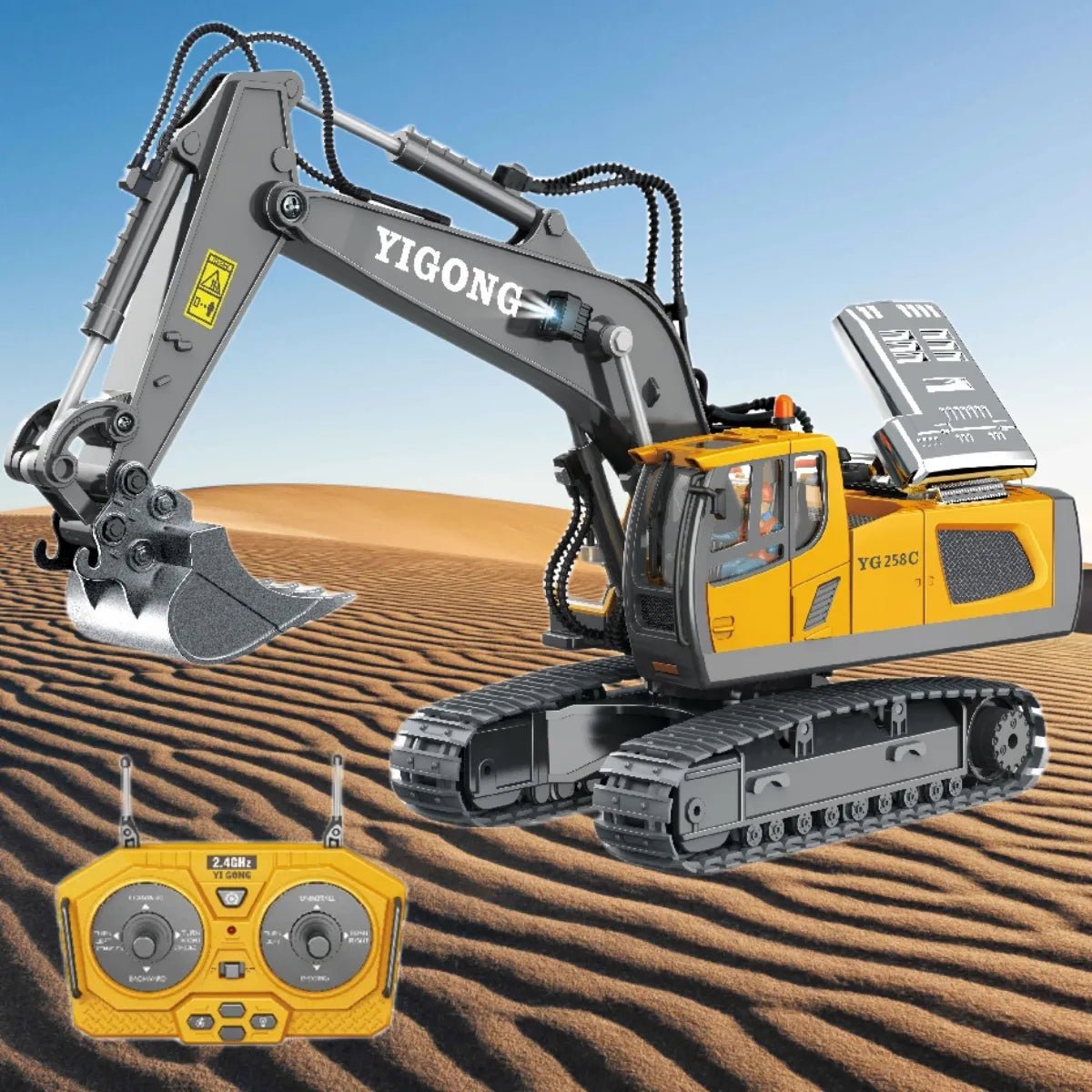 Remote control RC excavator model toy for kids to dig, scoop and build construction scenes at home.