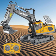 Remote control RC excavator model toy for kids to dig, scoop and build construction scenes at home.