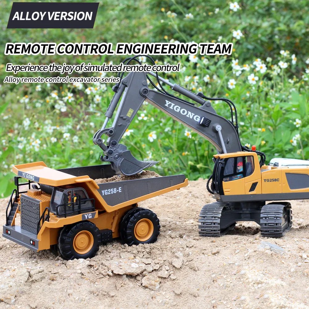 Pair of RC mini digger excavator toys working on dirt for outdoor construction play and sand digging.
