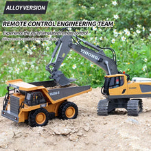 Pair of RC mini digger excavator toys working on dirt for outdoor construction play and sand digging.