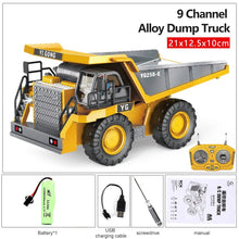Realistic RC dump truck with rotating cab and remote for hauling loads across pretend construction sites.