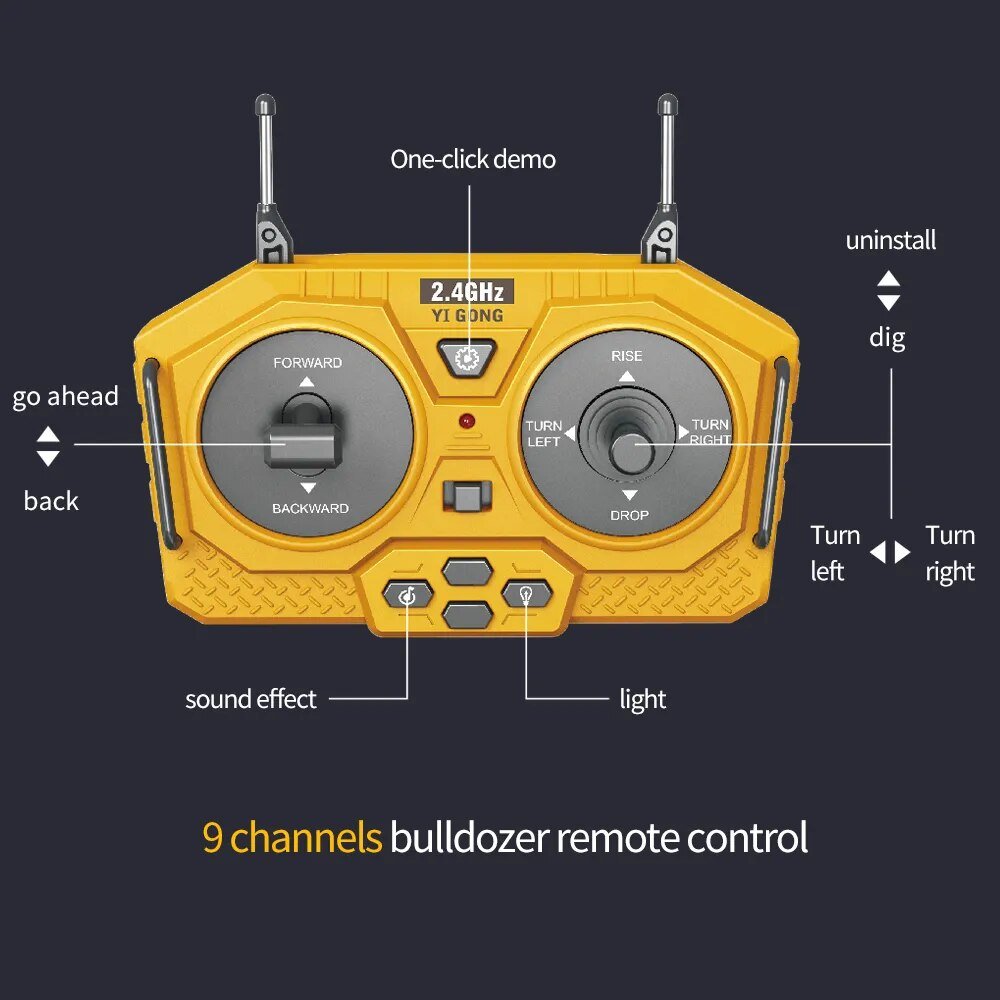 Yellow labelled controller for the RC excavator model toy showing the buttons that drive realistic digging.