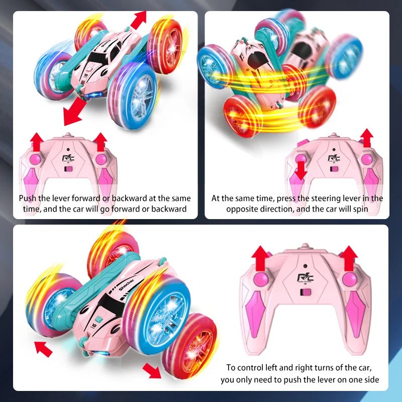 Kids remote control stunt car with all-terrain wheels for driving on carpet, grass and gravel.