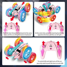 Kids remote control stunt car with all-terrain wheels for driving on carpet, grass and gravel.