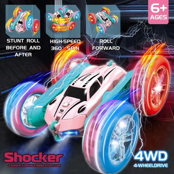 2.4G RC Stunt Car for kids performing 360 degree flips on colourful wheels for exciting indoor play.