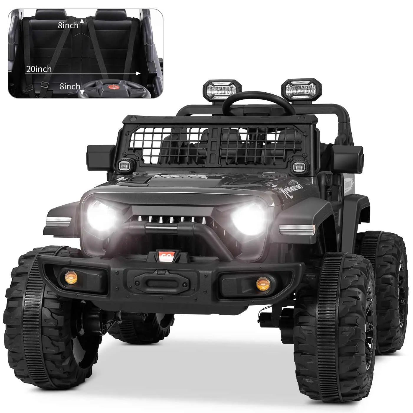24V double seat electric ride-on car in black with four-wheel drive for kids garden and driveway driving.