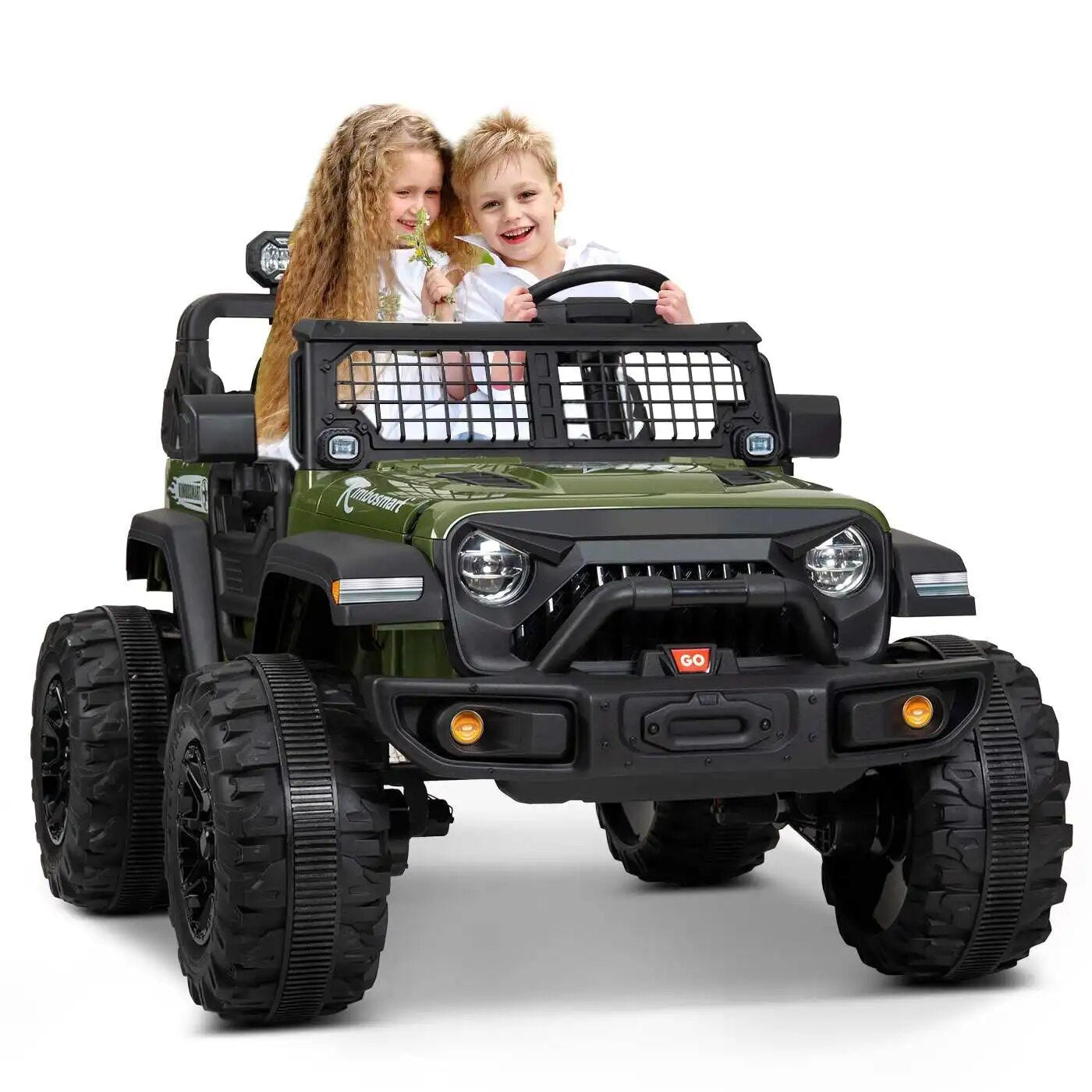 Green 24V powered double seat electric ride-on jeep for kids to explore the garden and outdoor tracks.