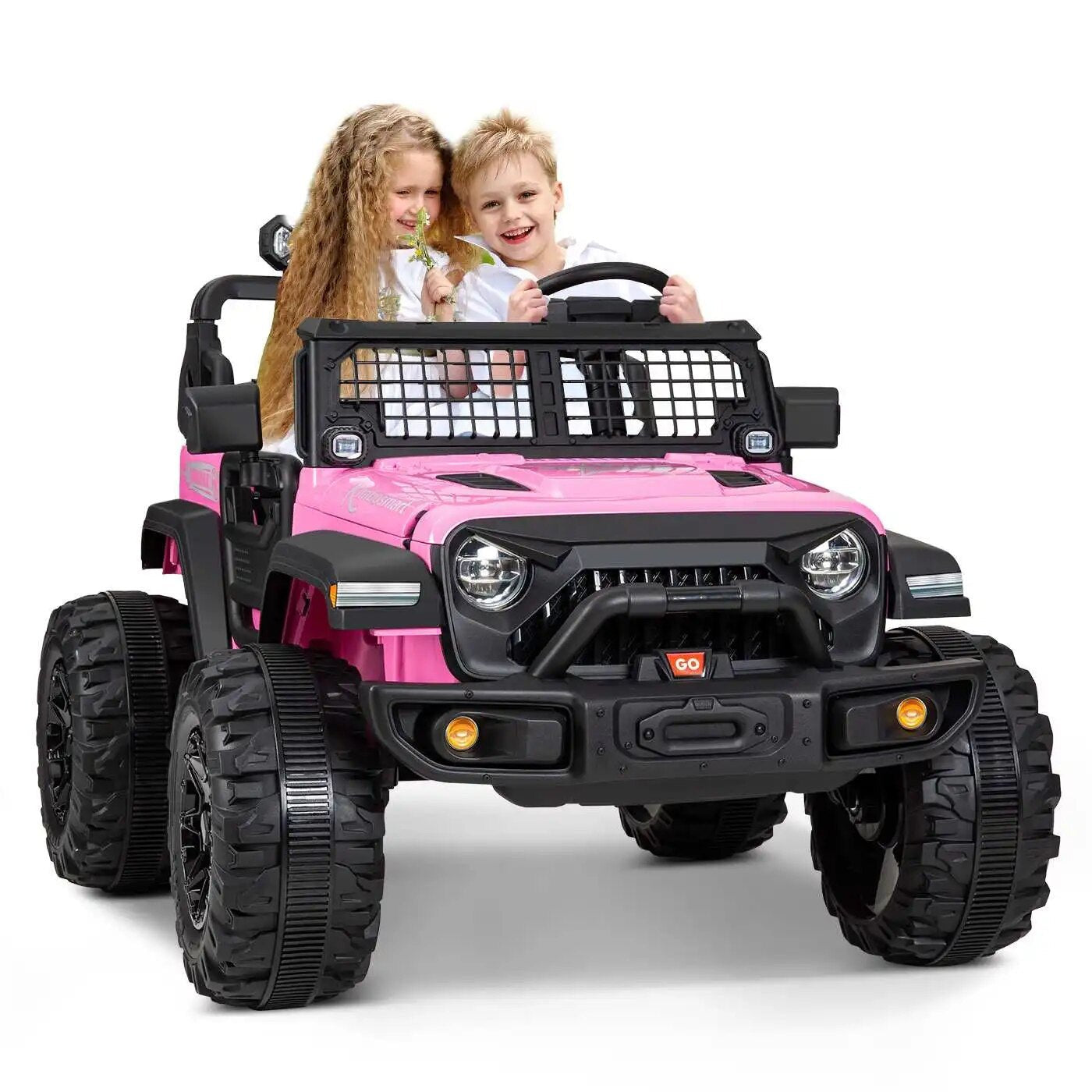 Kids four-wheel drive electric car with 24V battery in pink for long ride-on sessions in the garden.