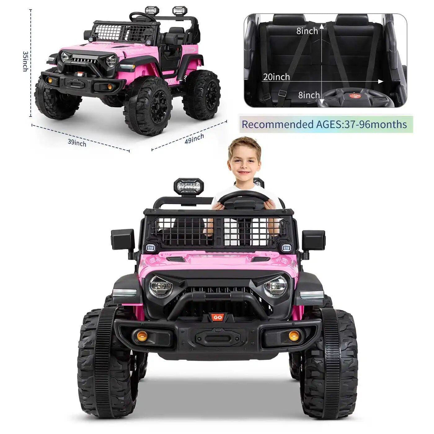 Size and recommended age guide for the four-wheel drive 24V electric car for children, with parent remote.
