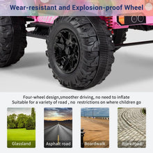 Wear-resistant wheel detail on the 24V four-wheel drive electric car for smooth driving on grass and gravel.