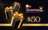 Promotional graphic for Kids Joy Town with black gift boxes, gold ribbons, and a $50 value on a dark background.