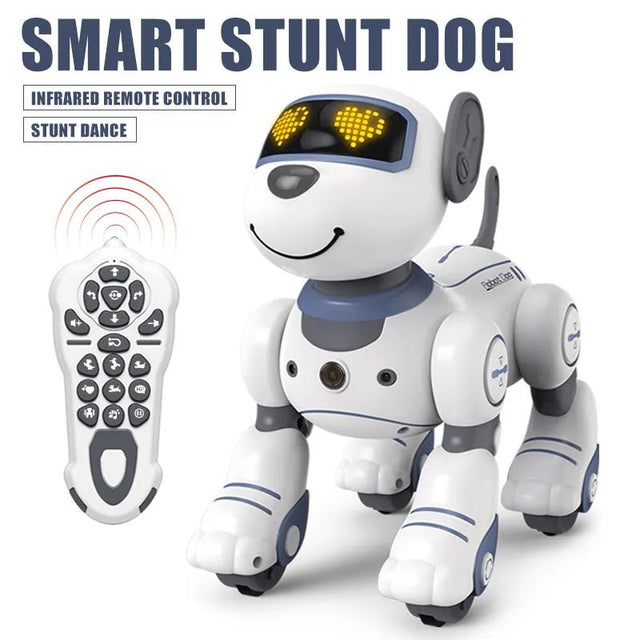 Smart stunt dog toy with remote control on a white background