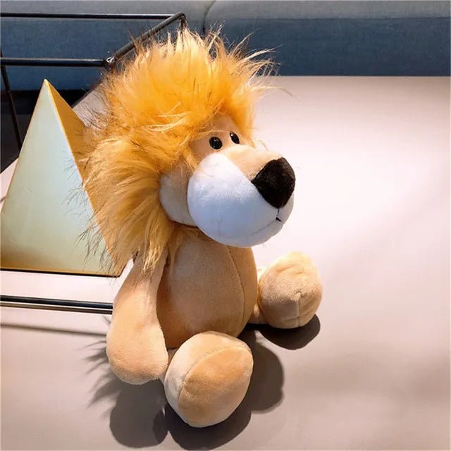 Plush lion toy on a light surface.